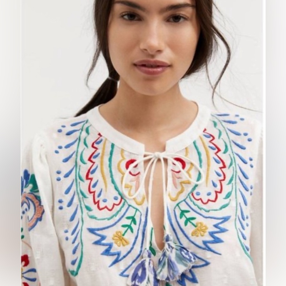 Forever That Girl for  Anthropologie Embroidered Peasant Blouse Peplum XL